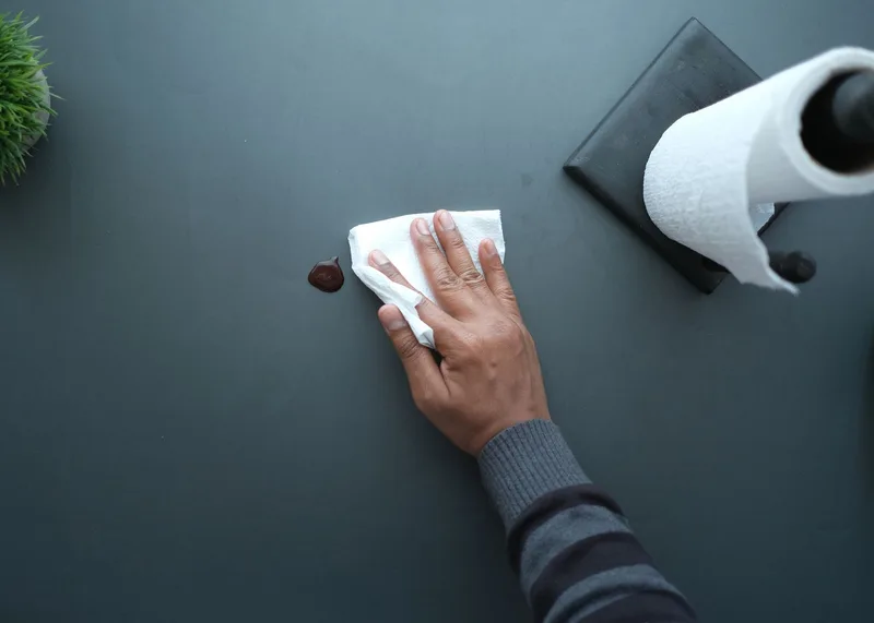 Eine Hand wischt eine Oberfläche mit einem Papiertuch